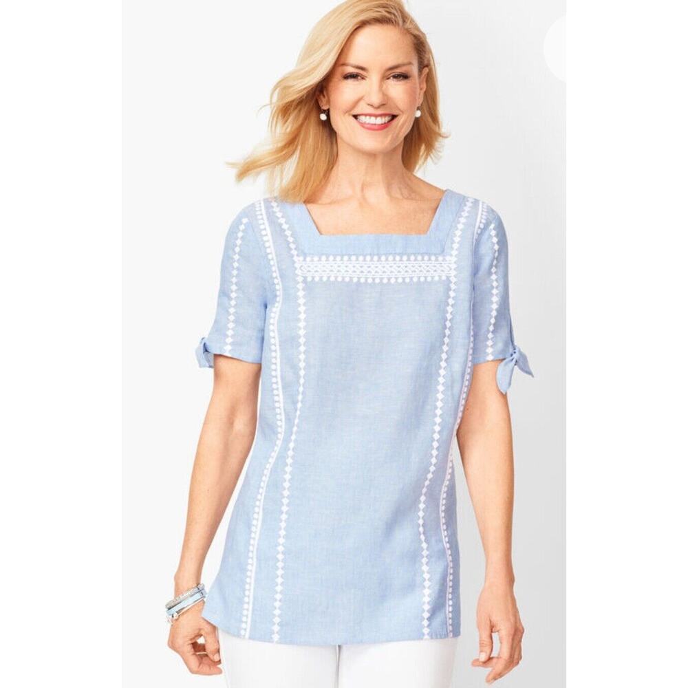 Talbots Blue Square Neck Linen Blend Peasant Top Embroidered Sz LP